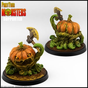 May include: Two miniature pumpkin monsters with axes. The pumpkins are orange with carved faces and green vines. One holds an axe, the other has an axe growing from its stem. The bases are brown and black, with the text "Print Your Monsters Supported".