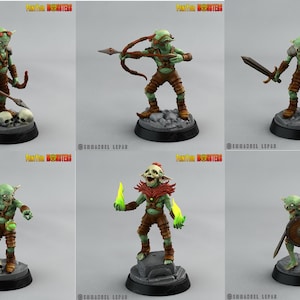 May include: Six painted miniature goblin figures, each with a different weapon or spell effect. The goblins are green with brown clothing and are standing on round bases.