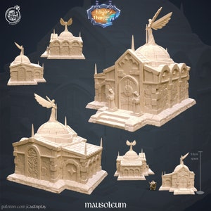 May include: A set of five 3D printed mausoleum models, each featuring a stone facade, arched entryway, and a winged angel statue on top. The models are painted in a light beige color and have intricate details. The text "mausoleum" is printed below the models.