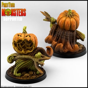 May include: A 3D printed miniature of a pumpkin creature with a carved face and vines. The creature is holding a stick in its hand. The miniature is painted in shades of brown, orange, and green. The miniature is on a black base.