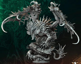 May include: A detailed, gray-toned sculpture of a dragon with large, intricate wings and a serpentine body. The sculpture is labeled "Sperthzigh - Fungal Dragon" from the "Archvillain Bestiary XVIII" and "Tome of Demons Vol IV" series.