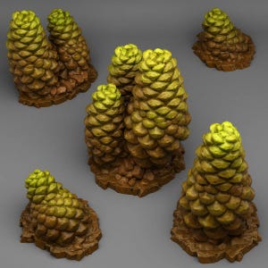 May include: Several stylized pine cones in different sizes. The cones have a textured surface, transitioning from light green at the top to brown at the base. They sit on a textured, brown base, giving a natural look. The cones are suitable for decorative purposes.