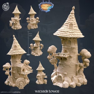 May include: Five different views of a beige, detailed wizard's tower model. The tower is made of brick and has a pointed roof with a decorative design. The tower is surrounded by trees and rocks. The text "WIZARDS TOWER" is printed below the image.