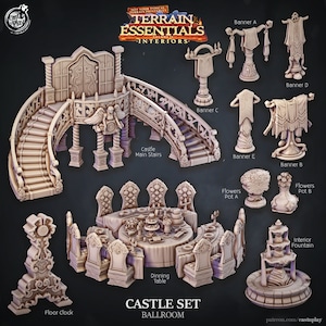 May include: A 3D printed castle set for tabletop gaming, featuring a grand staircase, a dining table with chairs, a floor clock, banners, flower pots, and a fountain. The set is designed in a medieval style with intricate details.