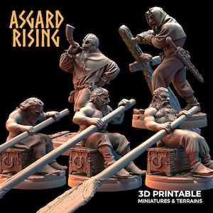 Pode incluir: Um conjunto de cinco miniaturas impressas em 3D que representam um grupo de guerreiros vikings. As miniaturas são pintadas de cinza e estão em várias poses de ação. As miniaturas são projetadas para jogos de tabuleiro e jogos de RPG. O texto "ASSGARD RISING" é visível no canto superior esquerdo da imagem.