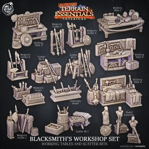 Op de afbeelding: Een set van 3D-geprinte miniatuurmodellen voor tabletop role-playing games, die een smidse voorstellen. De set bevat werktafels, wapenhouders, verspreide onderdelen en een reinigingsvat. De modellen zijn ongeverfd en gemaakt van lichtgrijs plastic.