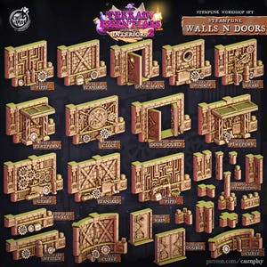 3Dプリント キャストアンドプレイ スチームパンクワークショップ 壁とドアセット 28 mm 32 mm D&D