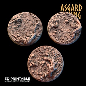 May include: Three 3D printed round bases for miniature gaming. Each base features a detailed design of tree roots and leaves in a brown color.