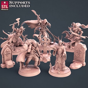 May include: Five 3D printed miniature figures of undead creatures, including a vampire, a ghoul, a zombie, a ghost, and a skeletal figure. The figures are posed in a variety of menacing stances and are set against a backdrop of a graveyard with tombstones and candles.
