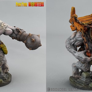 May include: Two gray, sculpted figures of monstrous creatures. The figure on the left is holding a spiked club in its right hand. The figure on the right is carrying a wooden structure on its back. Both figures are wearing loincloths and have red eyes.