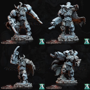 May include: Four detailed miniature figures of armored warriors with weapons, standing on bases with skulls and bones. The figures are painted in shades of gray and have a futuristic, sci-fi aesthetic. The text "The Reckoning" is visible on the bases.