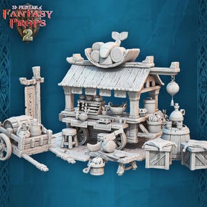 3D Printed STL Miniatures Fantasy Props 2 Market Food Stall 28 - 32mm War Gaming D&D