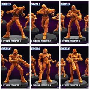May include: Orange-colored cyborg trooper figurines on black bases. Each figurine is in a different pose, holding a weapon. The text "SIKELS" is at the top of each image, with "CYBORG TROOPER" and a number at the bottom.