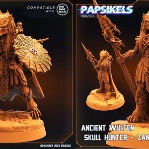 Puede incluir: Dos figuras en miniatura impresas en 3D de una criatura similar a un Predator, una con una lanza y la otra con un escudo. Las figuras están pintadas de color marrón claro y están etiquetadas como "Ancient Wulfen Skull Hunter" y "Ancient Wulfen Skull Hunter - Zanurak".