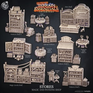 May include: A collection of 3D printed miniature furniture pieces for tabletop role-playing games. The set includes a variety of shelves, tables, and other items that can be used to create a magic and potions shop. The pieces are made of a light brown wood-like material and have a detailed design.