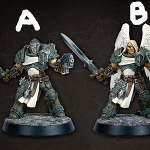 May include: Two miniature figurines of armored warriors. One holds a sword and a weapon, the other a sword and shield. Both are on black bases. The figures are painted in shades of green, white, and brown.