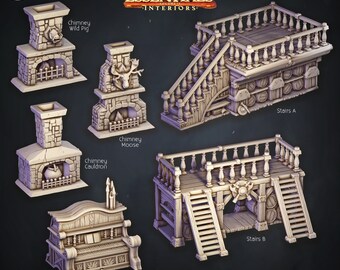 Pode incluir: Um conjunto de modelos em miniatura impressos em 3D para jogos de RPG de mesa. O conjunto inclui dois conjuntos de escadas, três chaminés e um órgão. As chaminés apresentam um javali selvagem, um alce e um caldeirão. As escadas são de madeira e têm corrimãos. O órgão é de madeira e tem um teclado e tubos. O conjunto é chamado de "Tavern Set: Stairs, Chimneys and Organ".