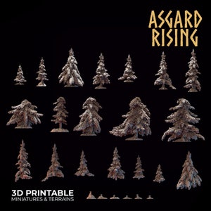 May include: A set of 3D printable miniature snow-covered pine trees in various sizes. The trees are designed for tabletop gaming and miniature wargaming. The image includes the text "Asgard Rising" and "3D Printable Miniatures & Terrains".