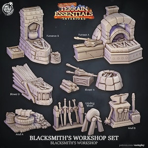 May include: A set of 3D printed miniature models for tabletop role-playing games, depicting a blacksmith's workshop. The set includes a furnace, anvil, bellows, grinding wheel, and a rack of swords. The models are unpainted and made of a light gray plastic.
