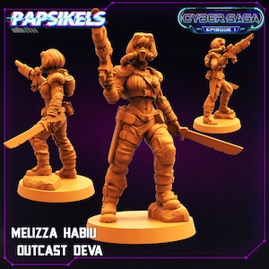 May include: A 3D printed miniature of a female character with a futuristic weapon and a sword. The character is wearing a black and brown outfit with a gas mask. The miniature is painted in a light orange color. The miniature is part of a game called "Cyber Saga: Episode 1".