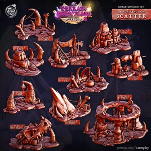 May include: A collection of miniature terrain pieces for tabletop gaming, including lava formations, bones, a big skull, and a cave. The pieces are in shades of brown and red, with the text "Terrain Essentials" and "Horde Kingdom Set".
