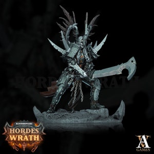 May include: A detailed miniature figure of a skeletal warrior with a large sword and wings. The figure is painted in shades of grey and black, with hints of orange. The figure is standing on a rocky base. The figure is part of the Bloodbringers: Hordes of Wrath game.