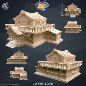 May include: A beige, two-story, general store building with a wooden roof and a balcony. The building is approximately 17 inches tall. The building is a 3D printed model.