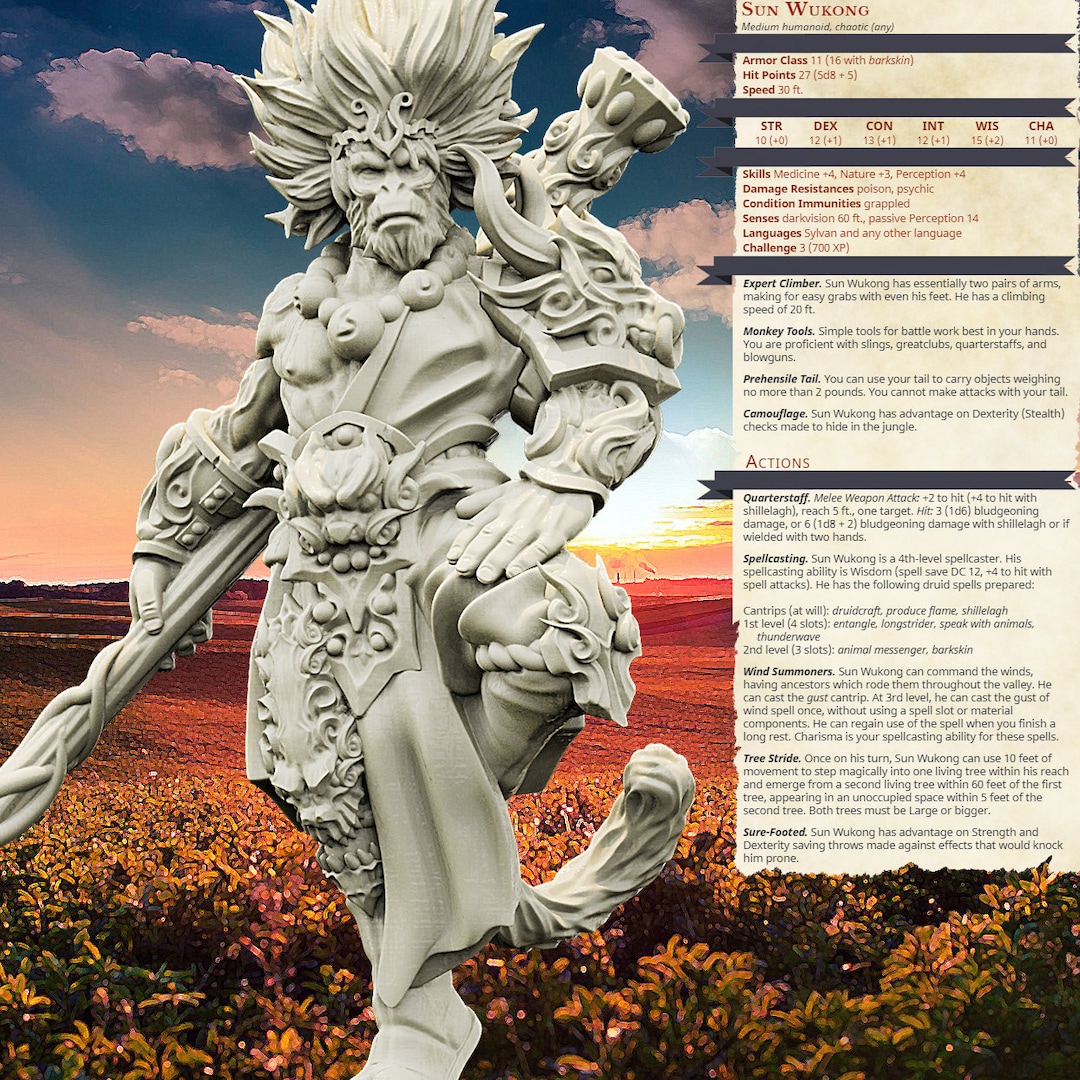 3D Printed Bestiary Vol. 4 Nafarrate - Sun Wukong Ape Warrior 32mm