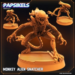 May include: A 3D printed miniature of a Xenomorph alien, also known as an Alien, from the Alien franchise. The figure is in a crouched position with its tail curled around its body. The figure is painted in a light brown color and is standing on a circular base. The base is textured to look like a metal grate. The figure is labeled "Monkey Alien Snatcher" and "Pre Supported".