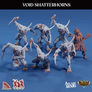 May include: A collection of Void Shatterhorns miniatures in various poses. The figures are primarily light blue with detailed textures, horns, and weapons. One figure is brown and playing a stringed instrument. The image includes the text "VOID SHATTERHORNS".