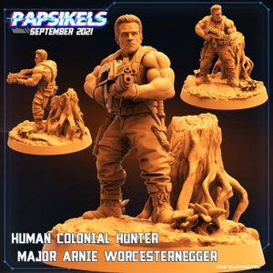 May include: A 3D printed miniature of a human colonial hunter, Major Arnie Worchesternegger, from the game "Papsikels: September 2021". The miniature is holding a gun and is standing on a base with a tree stump.