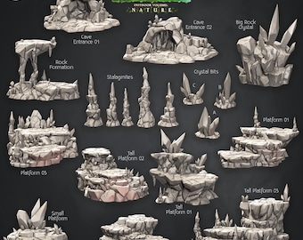 3D Printed Cast n Play Cave Crystals, Platforms and Entrances Set Terrain Essentials Nature 28mm 32mm D&D