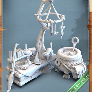 May include: A white 3D printed miniature set of a witch's workshop, featuring a cauldron, a broom, a cat, a hat, and a tree with a hanging mobile. The set is designed for tabletop role-playing games.