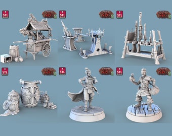 3D Printed STL Miniatures Gunpowder Vendors Set Fantasy NPC 2 | 28 - 32mm War Gaming D&D