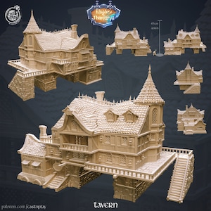 May include: A detailed model of a wooden tavern building with a steep roof, multiple windows, and a balcony. The building is on a raised platform with stairs leading up to it. The model is painted in a light brown color and has a textured surface. The text "tavern" is printed on the base of the model.
