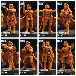 May include: Eight brown resin miniatures of futuristic soldiers in various poses, each with different weapons. The miniatures are labelled "Y TROOPERS" and are numbered A1 to A8. Each miniature is approximately 2.5 cm tall.
