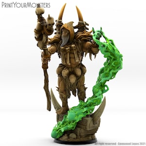 May include: A green-skinned, bone-clad, humanoid figure with a long beard and a hooded cloak, holding a staff and casting a green spell. The figure is standing on a stone base with horns.  PrintYourMonsters.