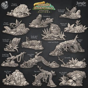 May include: A selection of miniature jungle terrain pieces for tabletop gaming, including rocks, foliage, trees, and animal figures. The set features a variety of jungle-themed pieces, such as a chameleon, snake, and twisted tree. The "Terrain Essentials" logo is visible.