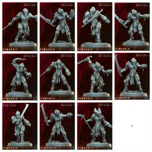 Puede incluir: Una colección de once figuras en miniatura grises, cada una representando a un guerrero futurista en varias poses de acción. Cada figura está montada sobre una pequeña base. Las figuras están etiquetadas HTMAAR 1 a 11. El texto "ORBITA HELL OBLIVION COURT" es visible.