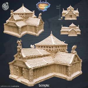 May include: A detailed model of a temple with a tiled roof and gargoyle statues. The temple is made of wood and stone and has a large, open doorway. The model is 34 cm tall and is part of the Kingsdown Thamarai line of miniatures.