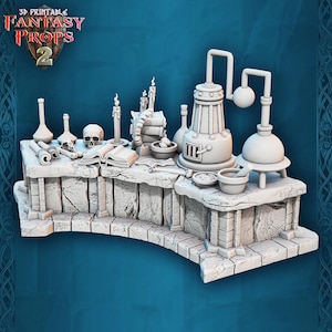 May include: A 3D-printed fantasy props scene featuring a laboratory setup. The scene includes beakers, a skull, candles, books, and a distillation apparatus. The text "3D Printable Fantasy Props 2" is visible in the upper left corner.