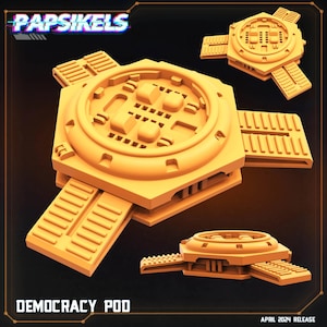 May include: An orange 3D-rendered Democracy Pod, featuring the text "Papsikels" and "Democracy Pod". The pod has a circular central section with rectangular extensions. The design is detailed and futuristic. The text "April 2024 Release" is also visible.