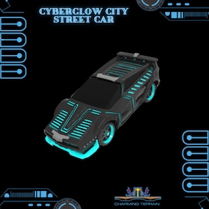 May include: A black futuristic street car with neon blue accents. The car has a sleek design with a low profile and a long hood. The car is set against a black background with a white text overlay that reads "CYBERGLOW CITY STREET CAR".