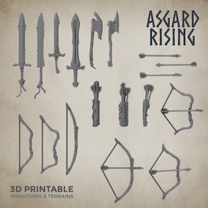May include: A set of 3D printable fantasy weapons and archery equipment, including swords, axes, bows, arrows, and quivers. The image is titled "Asgard Rising" and features a 3D printable miniatures and terrains logo.
