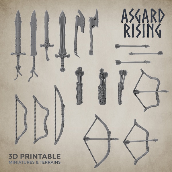 3D Printed Asgard Rising Sword and Bow Weapon Set 4 - 32mm D&D