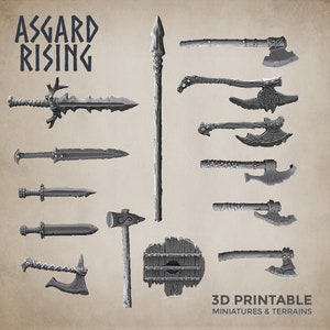 May include: A set of 3D printable miniatures and terrains for tabletop gaming. The set includes a variety of weapons, including swords, axes, and a spear, as well as a shield and a hammer. The miniatures are designed in a fantasy style, with intricate details and a weathered finish.  The text "Asgard Rising" is visible at the top of the image.