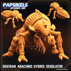 May include: A 3D printed miniature of a Gigerian Arachnid Hybrid Desolator, a creature with a beetle-like head and spider-like legs. The miniature is painted in a light brown color and is posed in a menacing stance. The text "PAPSIKELS DECEMBER 2021" is visible in the background.