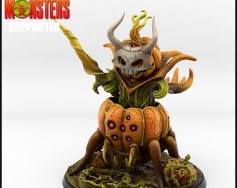 May include: A 3D printed miniature of a pumpkin creature with a skull face, horns, and spindly legs. The creature is holding a long, thin weapon. The miniature is painted in shades of orange, green, and brown. The miniature is on a round base with green grass and vines.