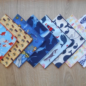 Mouchoir - Requins, baleines, poissons et animaux marins / 100 % coton / Pochette de costume / Fait main / Enfants bébés adolescents garçons filles / Respectueux de l'environnement