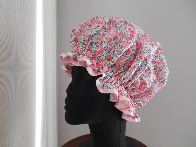 Liberty Fabric Shower Cap Waterproof Nylon Lining - Many Designs, Tresco, Lodden, Betsy, Strawberry Thief Wiltshire Pink